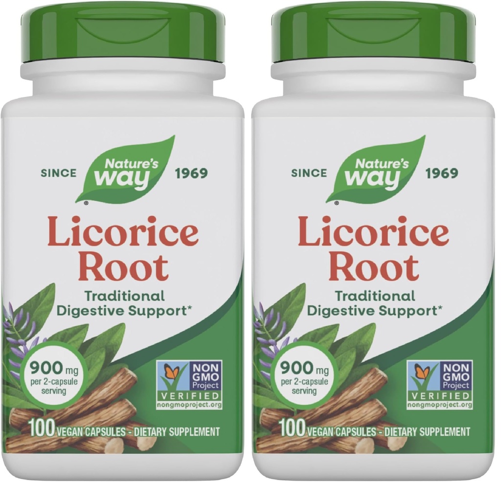 Nature's Way Licorice Root,Traditional Digestive Support Supplement*,900 mg per 2-Capsule Serving,Non-GMO Project Verified,100 Vegan Capsules (Packaging May Vary),(Pack of 2)