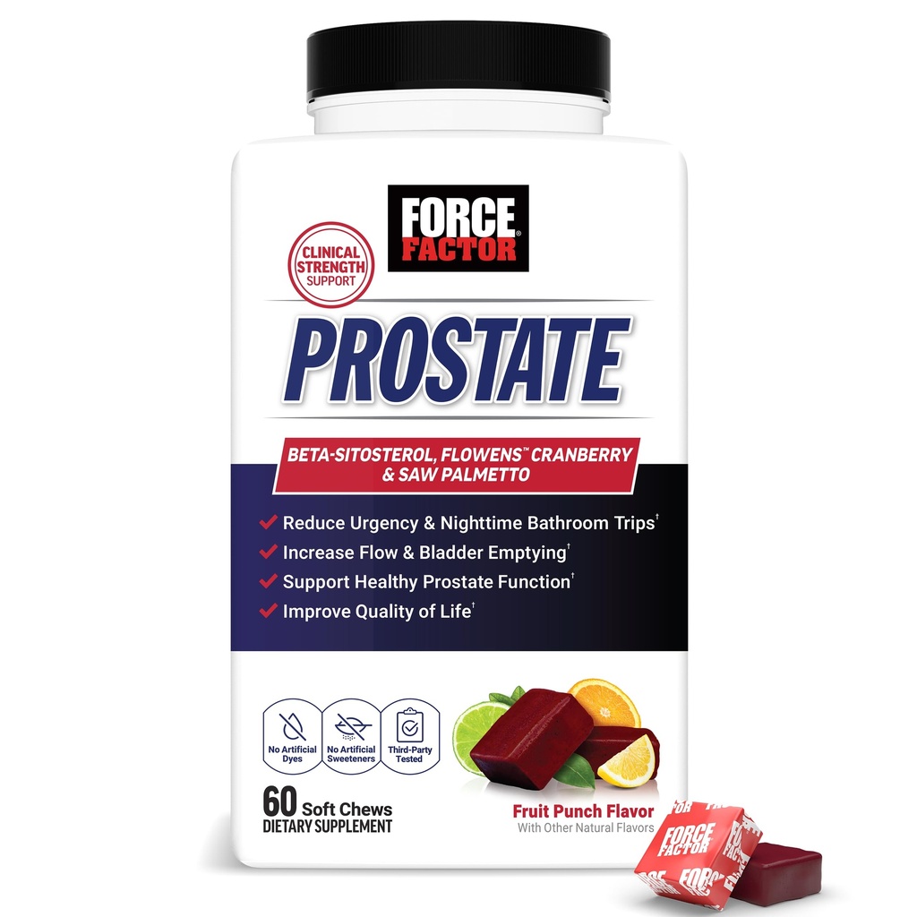 Force Factor Prostate Health Supplement with Saw Palmetto & Beta-Sitosterol, Support Urinary Flow & Bladder Function, Reduce Urgency & Nighttime Bathroom Trips, Vegetarian, Fruit Punch, 60 Soft Chews