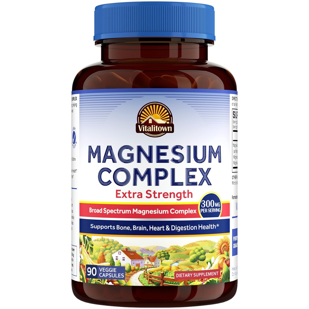 Vitalitown Magnesium Complex Supplement | 300mg Elemental Mag | Magnesium Citrate Glycinate Taurate Malate | Non-GMO, No Gluten, 90 Vegan Magnesio Capsules for Bone Brain Heart