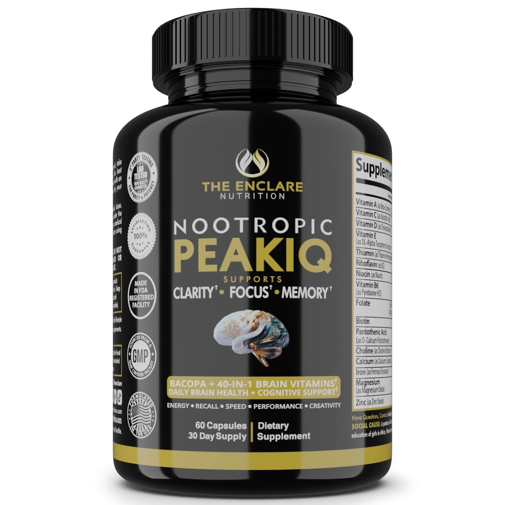 Nootropic Brain Booster, Focus Supplement, Clarity, Memory, Brain Vitamins With 40 Nootropics Phosphatidylserine, Bacopa Monnieri, Huperzine A, DMAE, Inositol, L-Glutamine, Selenium, Choline, DHA (1)