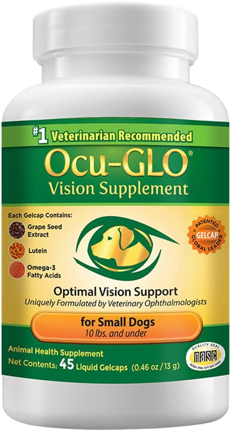 Ocu- GLO Tambahan Vision untuk Small Dogs oleh Kebutuhan Hewan dengan Lutein, Omega-3 Acids Gendut, Grape Benih Ekstrak dan Antioksidants untuk Kesehatan Mata Prolect dalam Anjing, 45ct Liquid Gelcaps