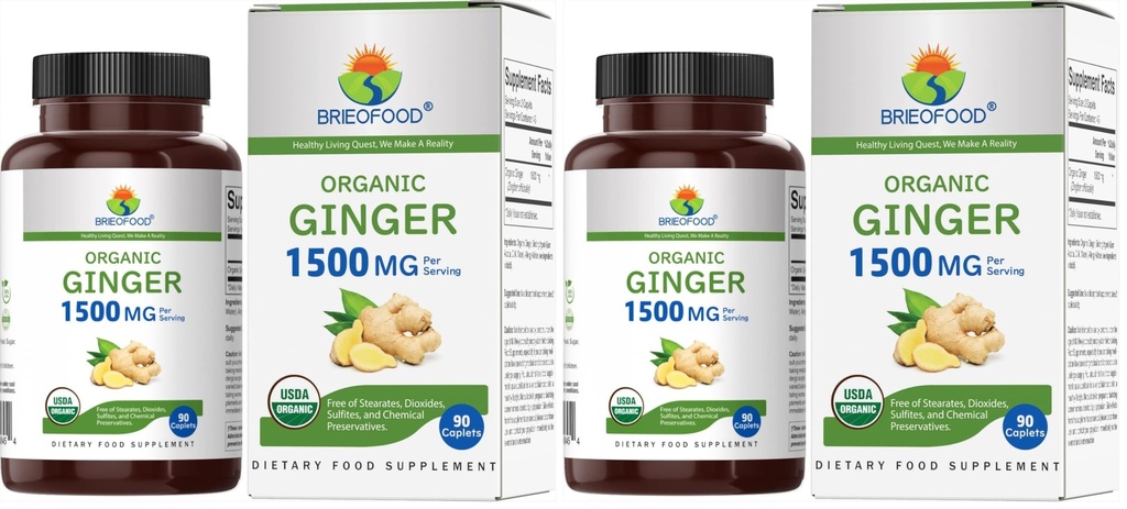 Brieofood Organic Ginger 1500mg, 45 Servings, Vegetarian, Gluten Free, 90 Vegetarian Tablets (Pack of 2)