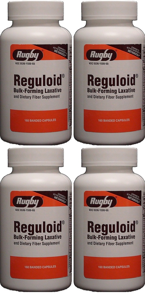 Reguloid Psyllium Husk Natural Vegetable Bulk Forming Laxative Fiber Supplement Capsules Therapy for Regularity Generic for Metamucil 160 Capsules per Bottle PACK of 4 Total 640 Caps.