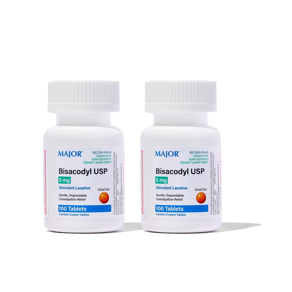 Major Bisacodyl Enteric Coated Tablets, 5mg, 100 Count Per Bottle (2 Pack)