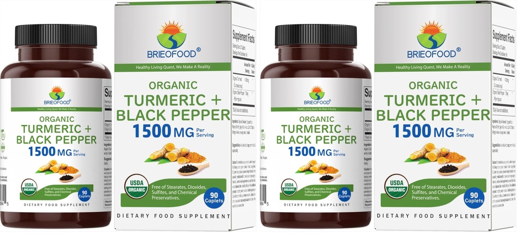 Brieofood Organic Turmeric with Black Pepper 1500mg, 45 Servings, Vegetarian, Gluten Free, 90 Vegetarian Tablets (Pack of 2)