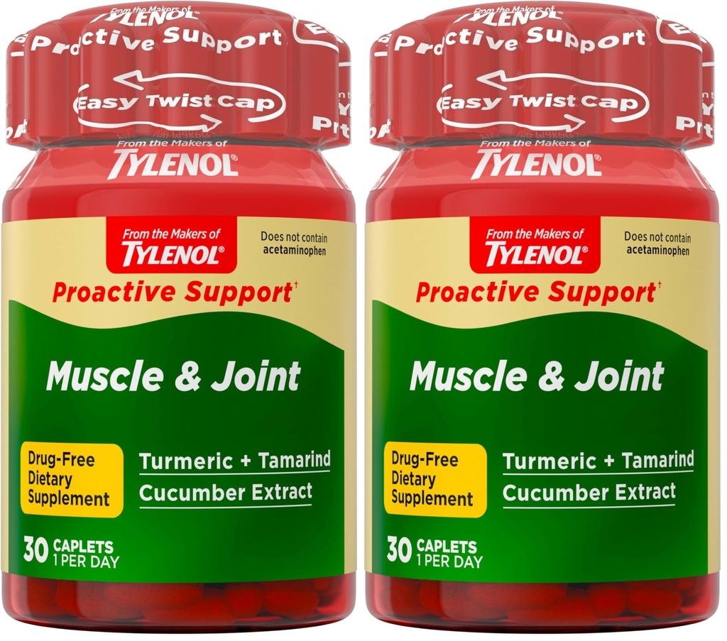 Tylenol Proactive Support* Muscle & Joint Supplement, Drug-Free Daily Turmeric Supplement + Tamarind + Cucumber Extract, Improves Joint Comfort & Flexibility in 5 Days*, 30 ct (Pack of 2)