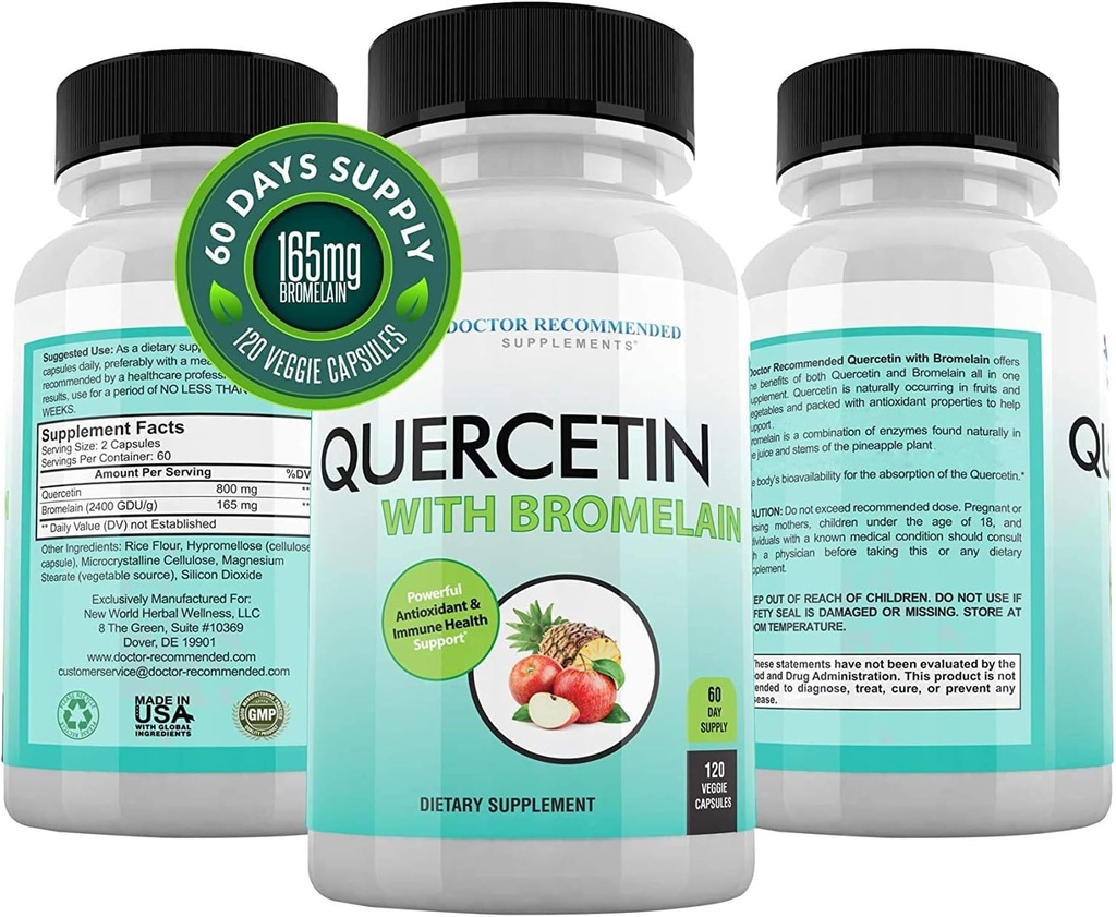 เครื่องราชอิสริยาภรณ์ (DOPPPPED)  Quarcetin 800 mg w/ Bromelain 165mg Pering - 120 Vegan C Capsules-Full Sups 60 วัน วิตามินเพื่อรองรับ ไบโอฟล็อนอยด์, กลูเทนอิสระ, Non-GMO
