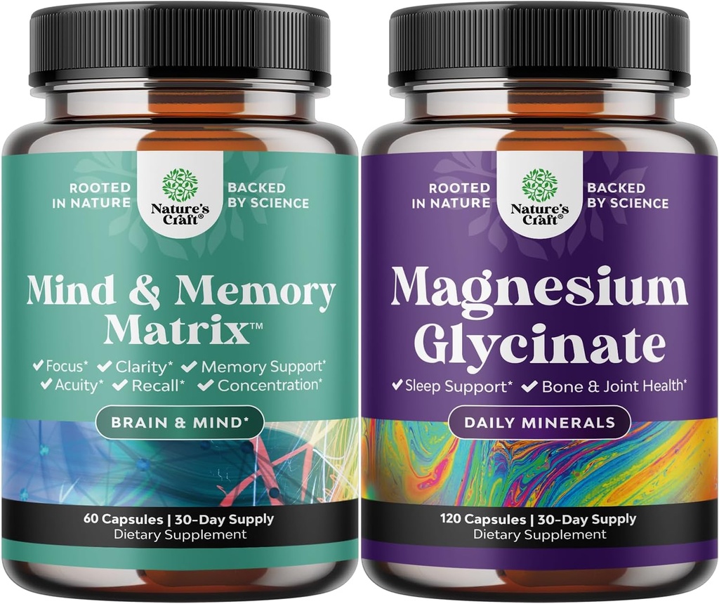 Bundle of Advanced Brain Supplement for Memory and Focus and Magnesium Glycinate Capsules for Adults - Memory Supplement for Brain Fog Clarity Energy and Reminder - Sleep Support Immunity & Bone Health