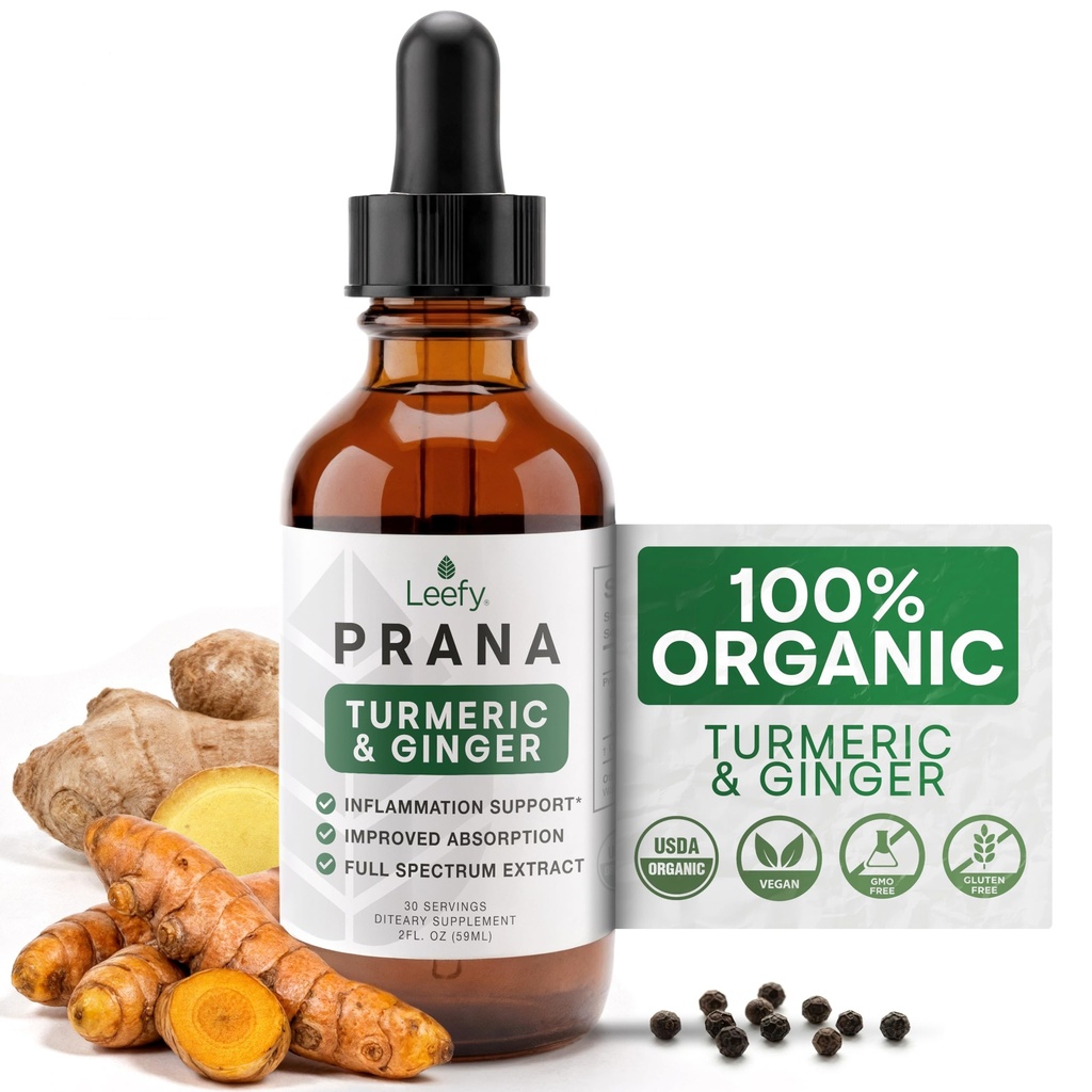 Leefy Organics PRANA - The Original Organic Liquid Turmeric Curcumin and Ginger Extract with Black Pepper