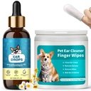 Dog Ear Cleaner with 50 Ear Finger Wipes for Dogs & Cats – Gentle Herbal Ear Drops for Wax & Odor, Chamomile & Witch Hazel for Sensitive Ears, Daily Ear Care Kit, 2oz