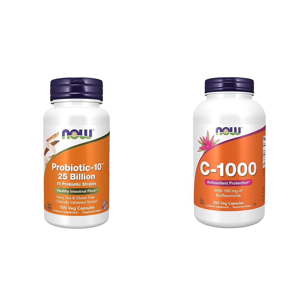 NOW Supplements, Probiotic-10™, 25 Billion, with 10 Probiotic Strains, Dairy, Soy and Gluten Free & Supplements, Vitamin C-1,000 with 100 mg of Bioflavonoids, Antioxidant Protection*, 250 Capsules
