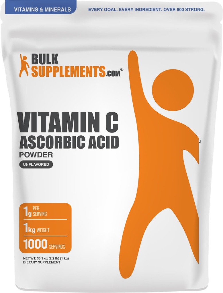 BulkSupplements.com Ascorbic Acid (Vitamin C) Powder - 1kg (Pack of 1) | Immune Support: Gluten Free, 1g per Serving, (2.2 lb)