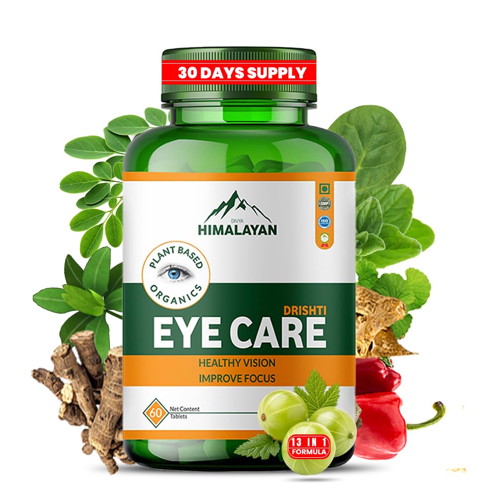 Divya Himalayan 13 Herbs Eye Support Supplement with Lutein & Zeaxanthin Plant-Based Eye Vitamins for Seniors & Adults all natural eye Supplements for Clear Vision, Retinal & Macular Health 60 Tablets