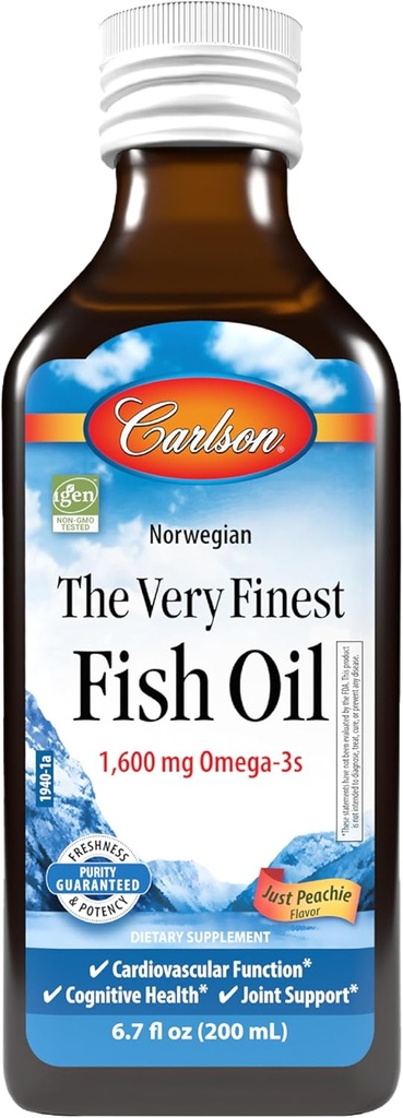 Carlson - Den mest fineste fiskeolje, 1600 mg Omega-3s, flytende fiskeolje Supplement, norsk fiskeolje, Wild-Caught, Sustainablely Sourced Fish Oil Liquid, Bare Peachie, 200 ml (6,7 fl Oz)
