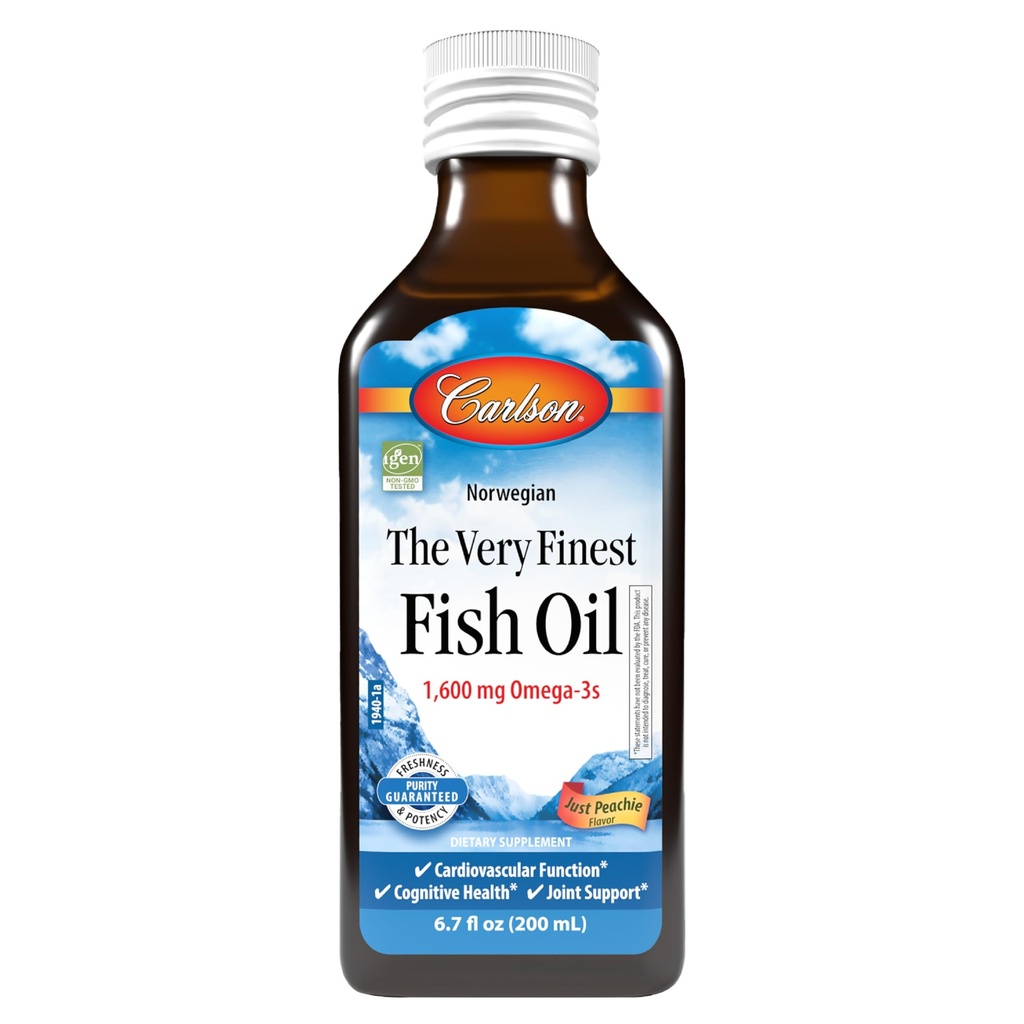 Carlson - The Very Finest Fish Oil, 1600 mg Omega-3s, Liquid Fish Oil Supplement, Norwegian Fish Oil, Wild-Caught, Sustainably Sourced Fish Oil Liquid, Just Peachie, 200 mL (6.7 Fl Oz)