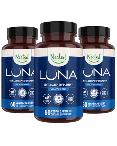 Nested Naturals Luna Melatonin Free, Non-Habit Forming Herbal Sleep Supplement w/Chamomile, Valerian, L-Theanine, 180 Vegan Capsules (60 Capsules Per Bottle)