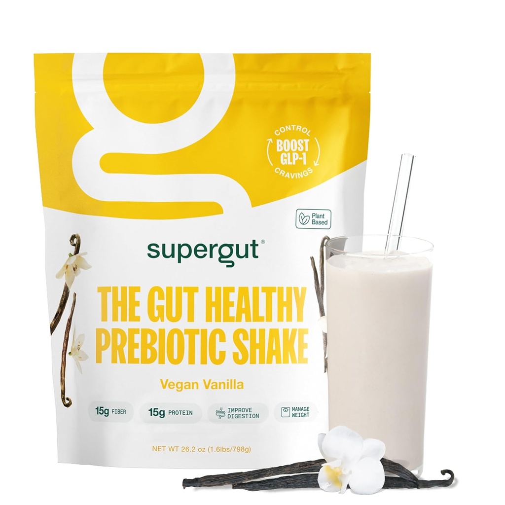 Superguat Prebiotic Shakes ® 124; Maisto pakaitalas ® 124; Boost GLP-1 ® 124; High Protein and Fiber ® 124; No Added Sugar ® 124; Keto Food, Meal, Snack (Vegan Vanilla, 14 porcijų)