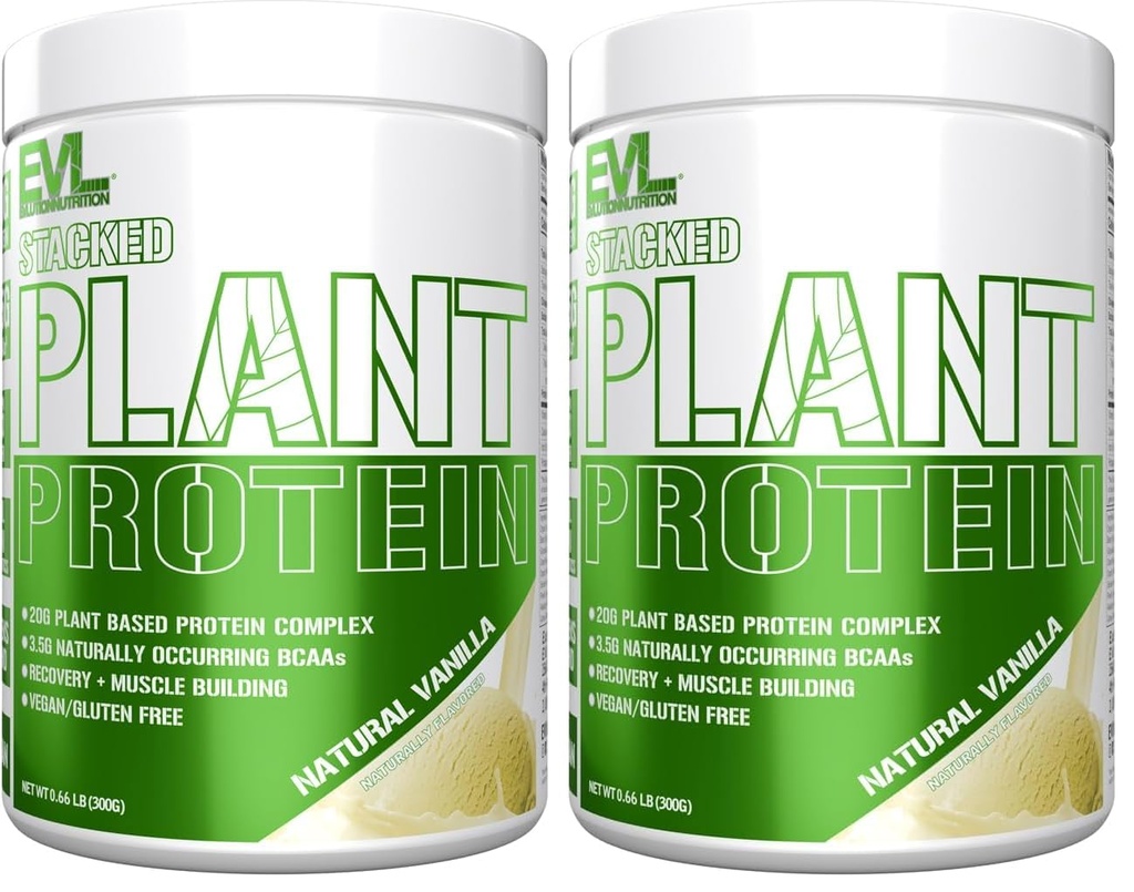 Evlution Nutrition Stacked Plant Protein Powder, Vegan, Non-GMO, Gluten-Free, Probiotics, BCAAs, Fiber, Plant-Based Protein Complex, 300G (Natural Vanilla) (Pack of 2)