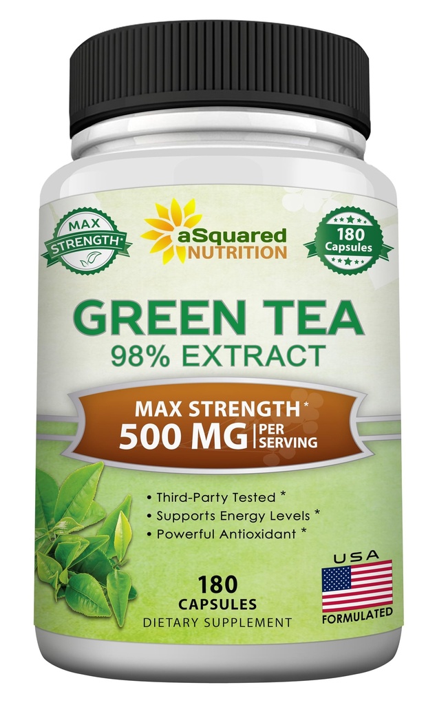 aSquared Nutrition Green Tea Extract with EGCG – 180 Capsules – 500mg per Capsule – 75% Polyphenols, 45% EGCG – Antioxidant Support, Heart Health, Natural Detox – Low Caffeine Supplement