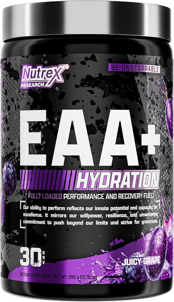 Nutrex Research EAA Hydration | EAAs + BCAA Powder | Muscle Recovery, Strength, Muscle Building, Endurance | 8G Essential Amino Acids + Electrolytes | (Packaging My Vary) 30 Servings (Juicy Grape)