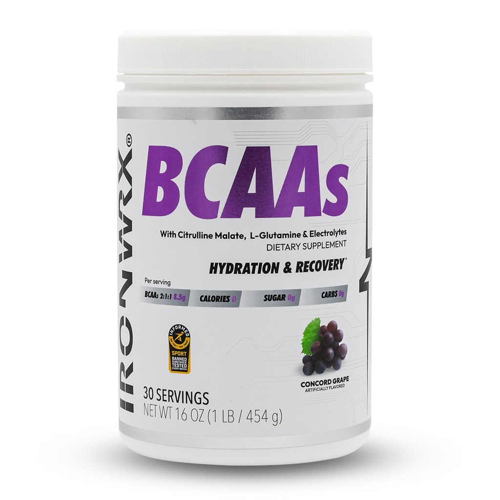 BCAA Powder | 8g Amino Acids per Serving | 2:1:1 Ratio with Citrulline Malate & L-Glutamine | Advanced Muscle Recovery & Soreness Support | Grape, 30 Servings | Zero Sugar, Keto Friendly