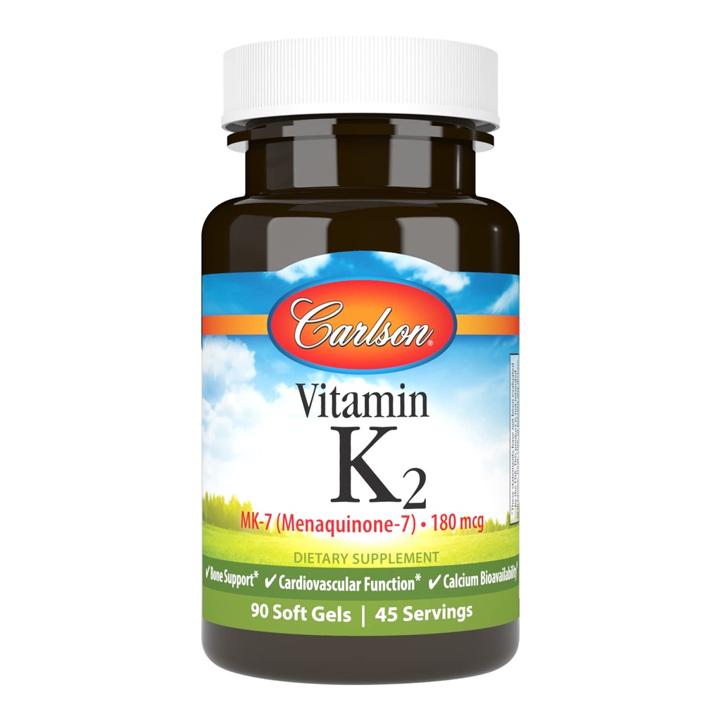 Carlson - Vitamin K2 MK-7 (Menaquinone), 180 mcg, Bone Support, Calcium Bioavailability, K2 Vitamin, Vitamin K-2, 90 Softgels