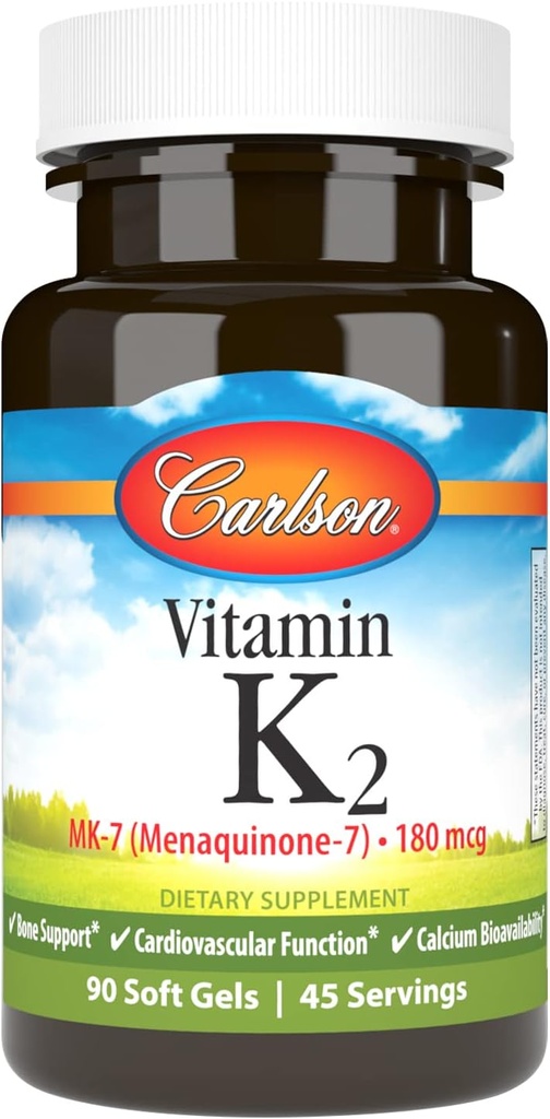 Carlson - Vitamina K2 MK-7 (Menaquinona), 180 mcg, suporte ósseo, biodisponibilidade de cálcio, vitamina K2, vitamina K-2, 90 Softgels