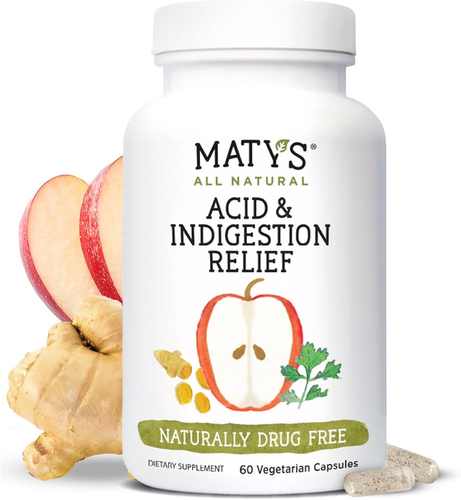 Matys Acid & Indigestion Relief Capsules, Safe Antacid Alternative for anledninger syre Reflux & Heartburn, laget med Apple Cider Vinegar, Soya & Gluten gratis vegetariske kapsler, 60 greve, 30 serveringer