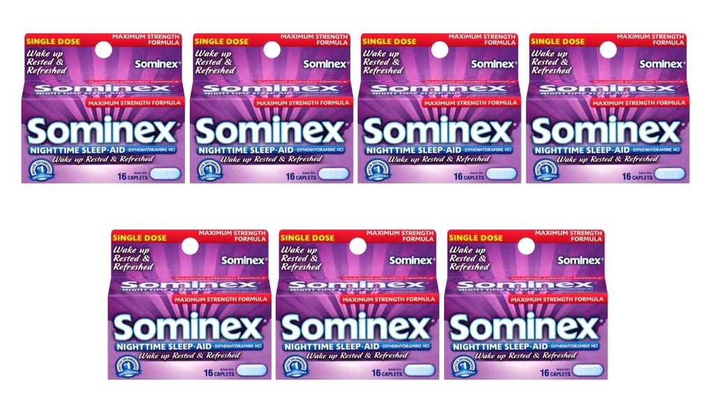 Sominex Nighttime Sleep-Aid Caplets, Maximum Strength, 16 ea (Pack of 7)