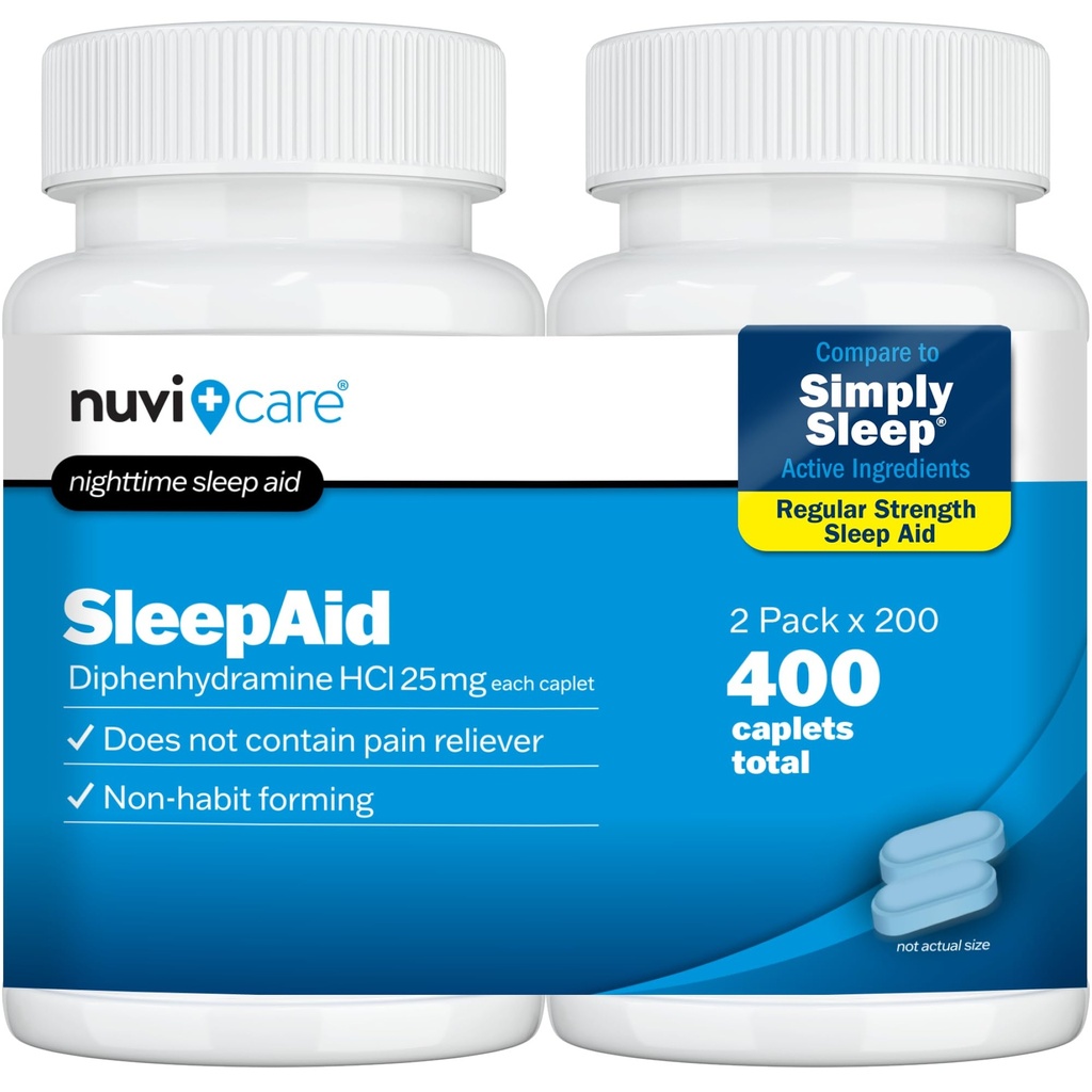NUVICARE Nighttime Sleep Aid with Diphenhydramine HCl 25 mg - Non Habit Forming Regular Strength Sleeping Pills for Adults - Does Not Contain Pain Reliever - OTC Sleep Aids for Adults (2 Pack)