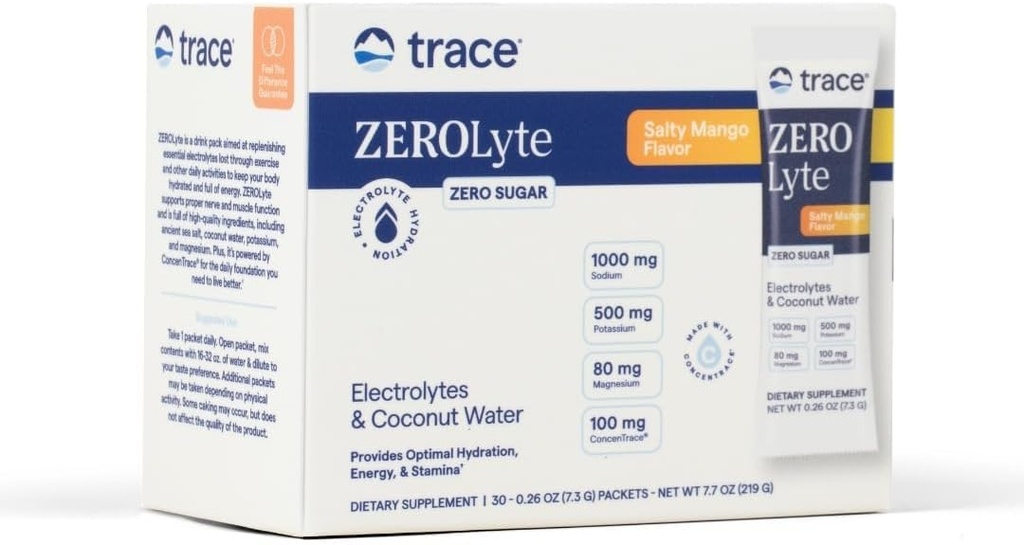 Trace Minerals ZeroLyte - Drink Mix Powder stöder Hydration & Energi - Hjälper Hälsosam nerv- och muskelfunktion - Stöd Hjärta & Digestion Hälsa - Salty Mango, 30 Packets (30 portioner)