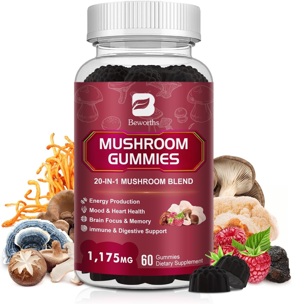 Mushroom Gummies, 20 i 1 Lions Mane Mushroom Complex tillæg med Reishi, Chaga, Cordyceps & mere til voksne, støtte til hjerne, fokus, kognitiv og immunforsvar, Vegan, Raspberry Flavor, 60 Greve