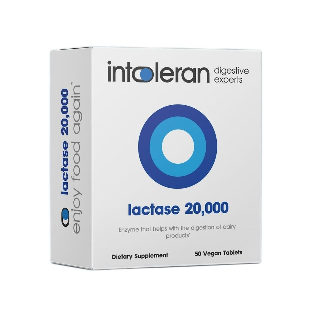 Intoleran Lactase 20,000 Digestive Enzymes - 50 Scored Tablets | Supplement for Lactose Intolerance | Lactase Enzyme that Helps Digest Dairy & Lactose | Highest Dosed & Fast Acting | Pure & Vegan