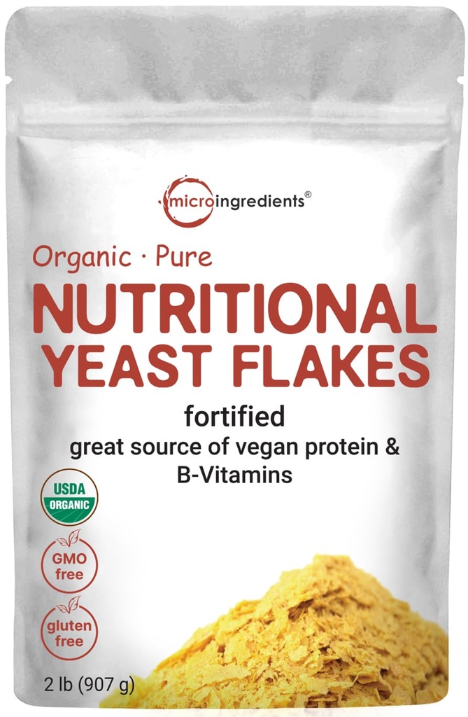 Micro Ingredients Organic Fortified Nutritional Yeast Flakes, 2lb (32oz) | Rich in Vegan Protein, B Vitamins, & Beta-Glucans | Keto Friendly, Dairy Free Cheese Substitute, Non-GMO, Gluten Free