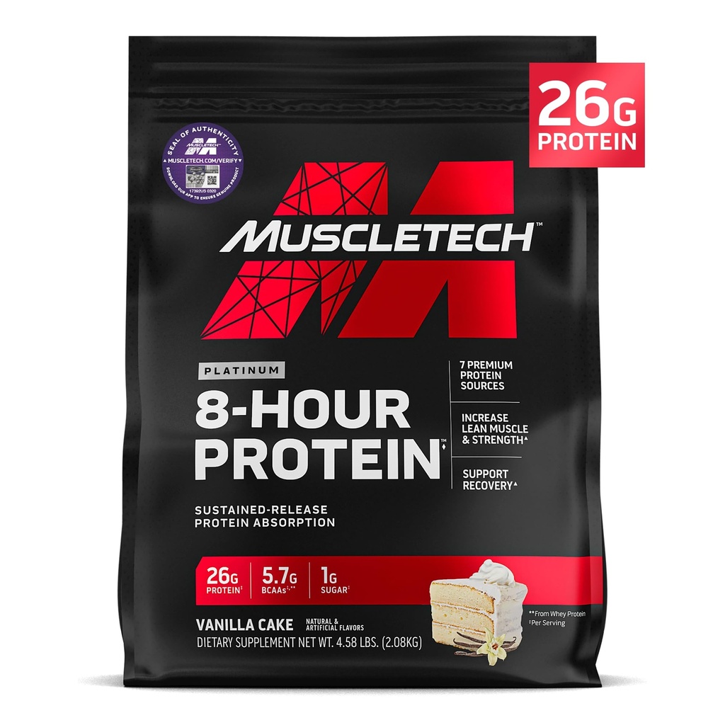 MuscleTech Platinum 8-Hour Protein Powder - 7 Premium Protein Sources with Whey & Casein Protein for Increased Lean Muscle, Strength & Improved Recovery - Vanilla Cake, 50 Servings