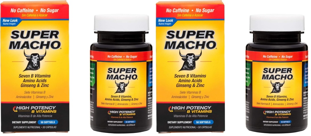Super Macho Dietary Supplement with High Potency Zinc & 7 B Vitamins, No Preservatives, Sugar or Caffeine, Made in USA, 50 Softgels (2 Pack)