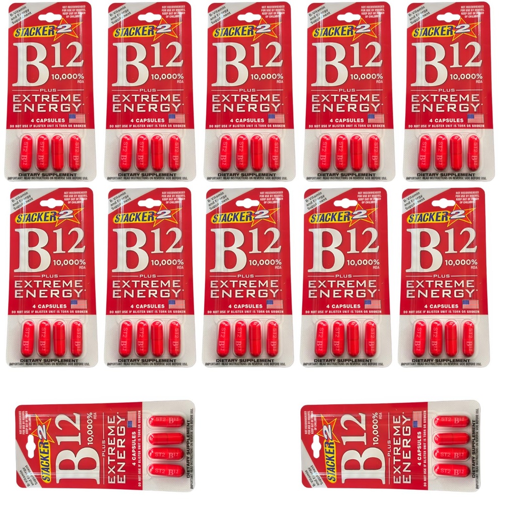 Stacker B12 Extreme Energy Capsule 10,000 RDA Vitamin B Complex B12 B6 B3 B7 Vegan Cyanocobalamin, 10,000% DRV B6 Pyridoxine - 40mg B7 Biotin B3 Niacinamide 20mg (12 Pack - 48 Capsules, Capsule Count)