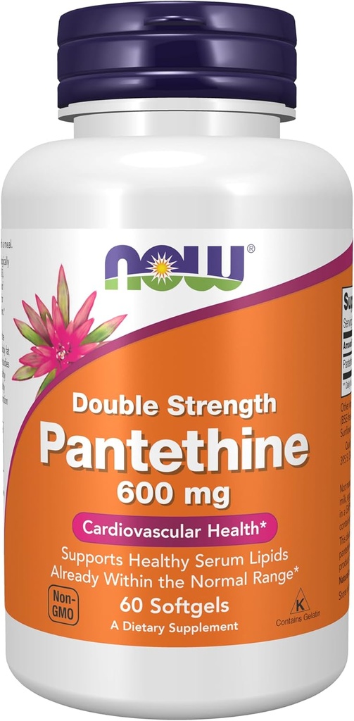 NOW Integratori alimentari, Pantethine (Coenzima A Precursor) 600 mg, Doppio Forza, Salute cardiovascolare*, 60 Softgels