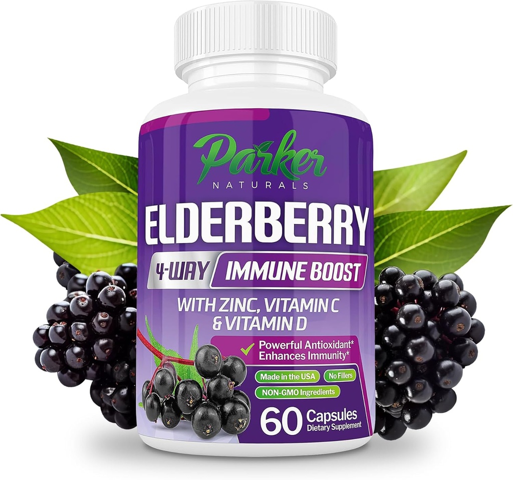 Parker Naturals Organic Elderberry Capsules, 4-Way Immune Boost Elderberries, Витамины C, D & Zinc Support, 1260,1 мг добавки для взрослых, 60 капсул