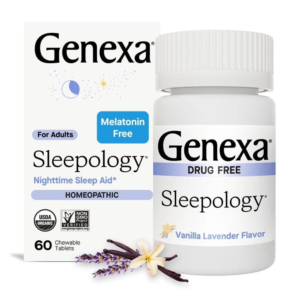 Genexa Sleepology for Adults | Melatonin Free Sleep Aid | Promotes Rest | Natural Vanilla & Lavender Flavor | Certified Organic & Non-GMO | Homeopathic Remedy Made Clean | 60 Chewable Tablets​