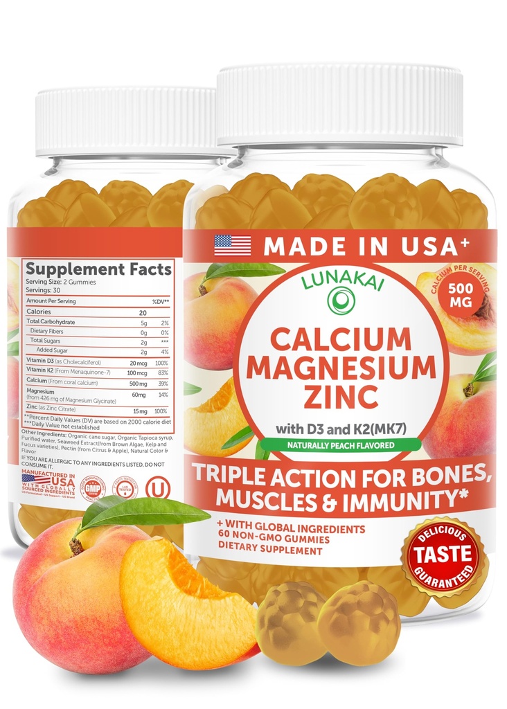 Lunakai USA Made Calcium Magnesium Zinc Gummies with Vitamin D3 & K2 – Delicious 5-in-1 Supplement for Daily Bone, Muscle & Immune Support for Women, Men & Kids, 60ct