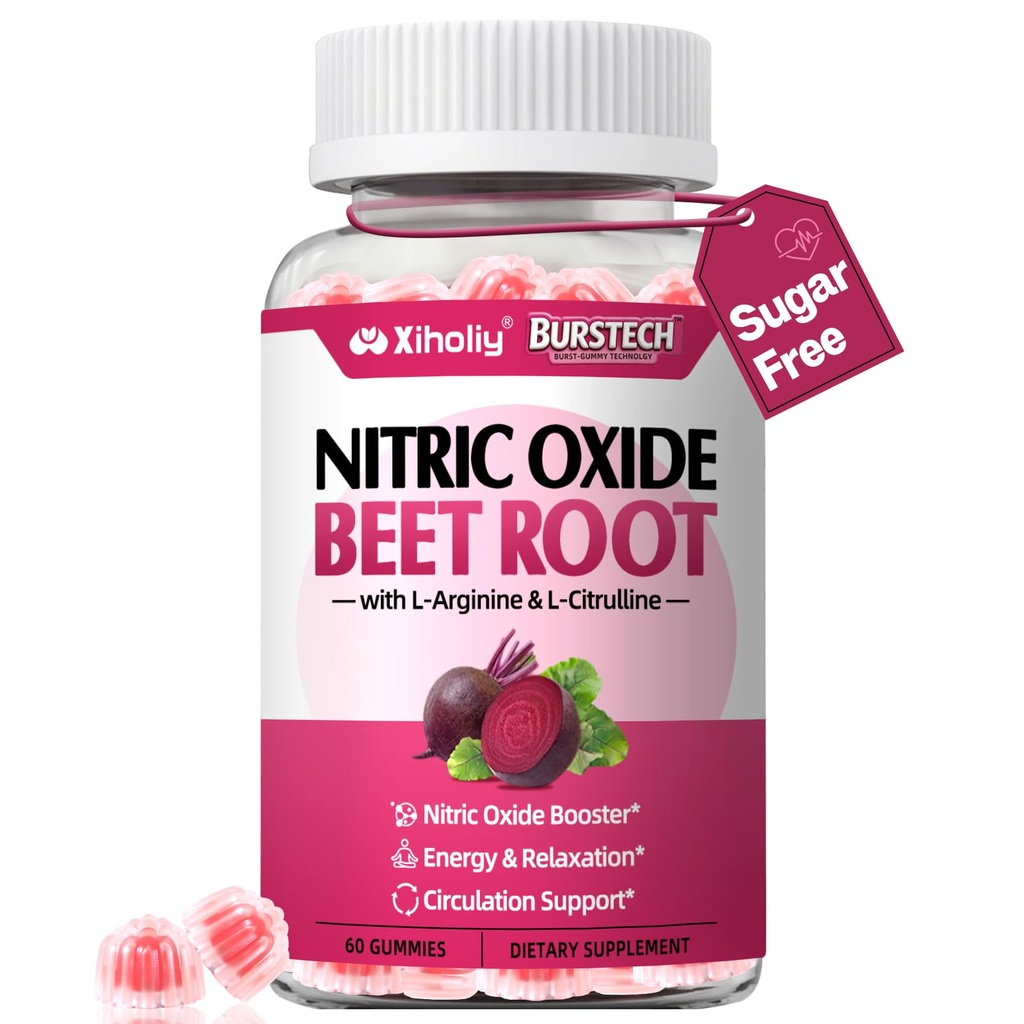 Beet Root Gummies - Nitric Oxide Booster Supplement with Beetroot, L-Citrulline & L-Arginine, for Heart, Muscle, Circulation, Pre-Workout for Men Women, Mixed Berry Flavor, Sugar-Free Vegan, 60 Count