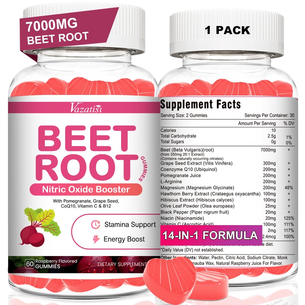 Beet Root Gummies – Nitric Oxide Beetroot Gummies with Coq 10, Grape Seed, Pomegranate for Circulation & Energy Support – Vegan, Non-GMO, 60 Beet Chews