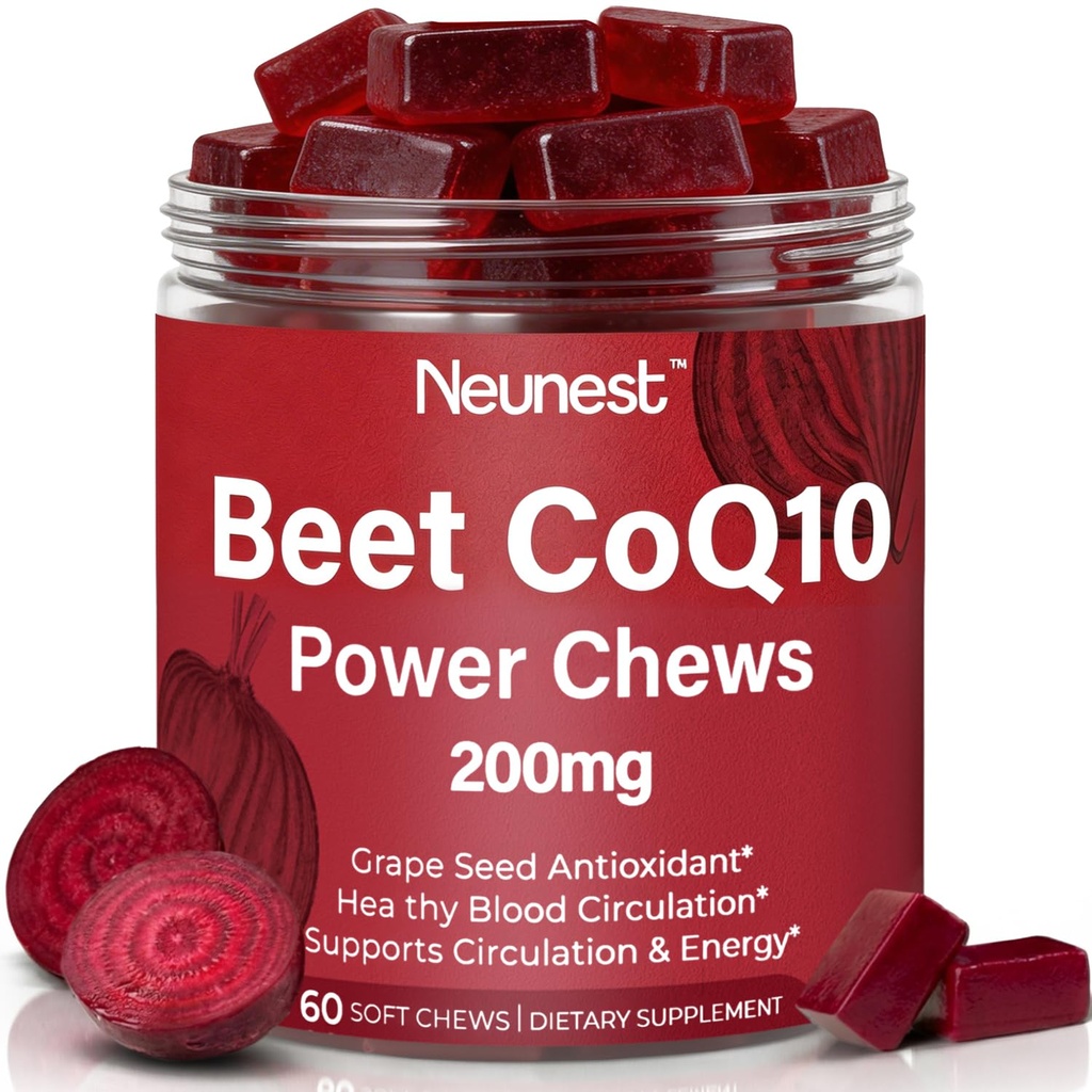Beet Root CoQ10 Chews – 3 in 1 Beetroot, CoQ10 200mg & Grape Seed Extract for Cardiovascular Support, Beets for High Blood Pressure, Heart-Healthy Energy & Nitric Oxide, 60 Beets Supplements Chews
