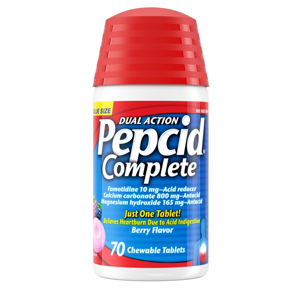 Pepcid Complete Acid Reducer + Antacid Chewable Tablets, 10mg Famotidine, 800mg Calcium Carbonate & 165mg Magnesium Hydroxide per Heartburn Medicine Tablet, Antacid Chews, Berry Flavored, 70 ct
