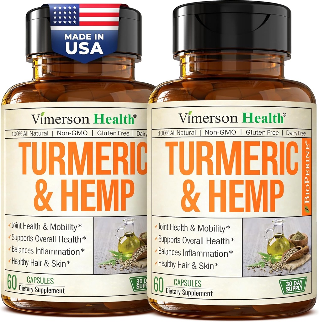 Turmeric Curcumin Supplement with Hemp Seeds & Lemon Balm Extract – Joint Health & Mobility – Calm Mood & Restful Sleep – with Black Pepper for Absorption – Joint Supplement for Men & Women - 2 Pack