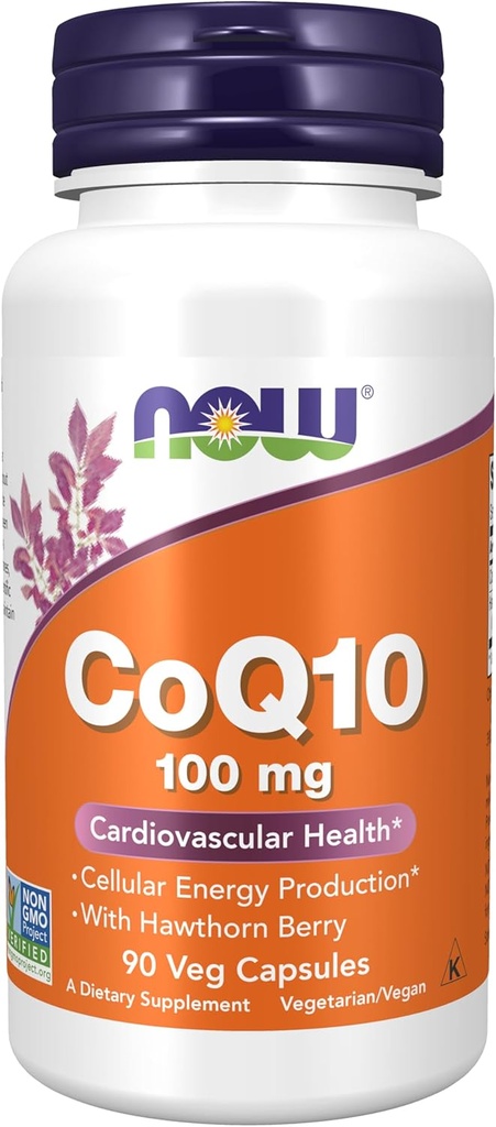 NOW Foods Supplements, CoQ10 100 mg med Hawthorn Berry, Pharmaceutical Grade, All-Trans Form producerad av Fermentation, 90 Veg Capsules