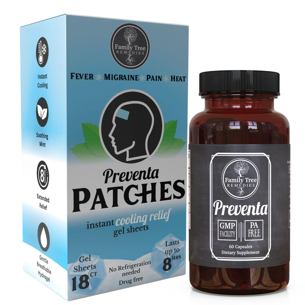 Migraine Relief Bundle – Preventa Daily Supplement with PA-Free Butterbur, Magnesium, Riboflavin & Feverfew + Cooling Gel Head Strips for Headache, Fever & On-The-Spot Comfort | Preventa Patches