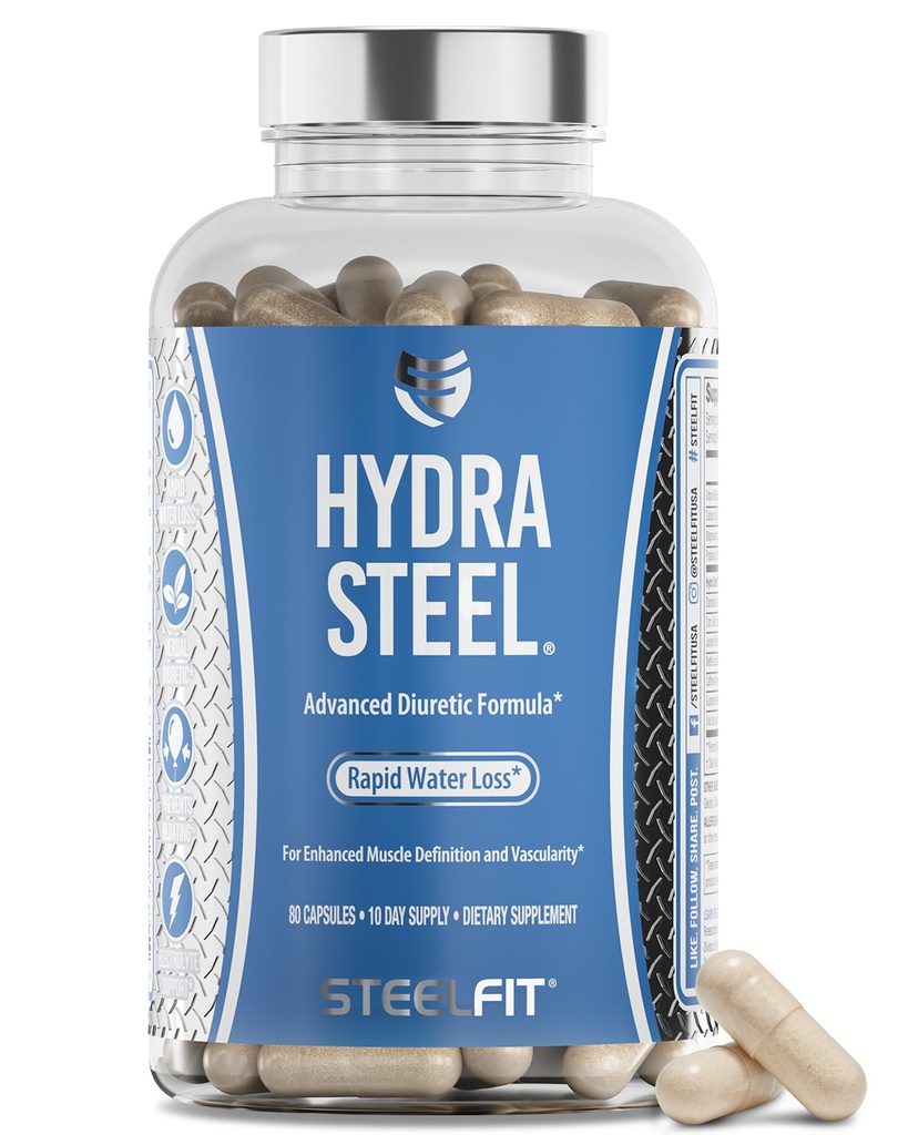 SteelFit Hydra Steel, Diuretic Water Pills Supplement with Dandelion & Added Electrolytes - Boost Water Weight Loss for Enhanced Muscle Definition - Water Retention & Bloat Relief - 80 Count
