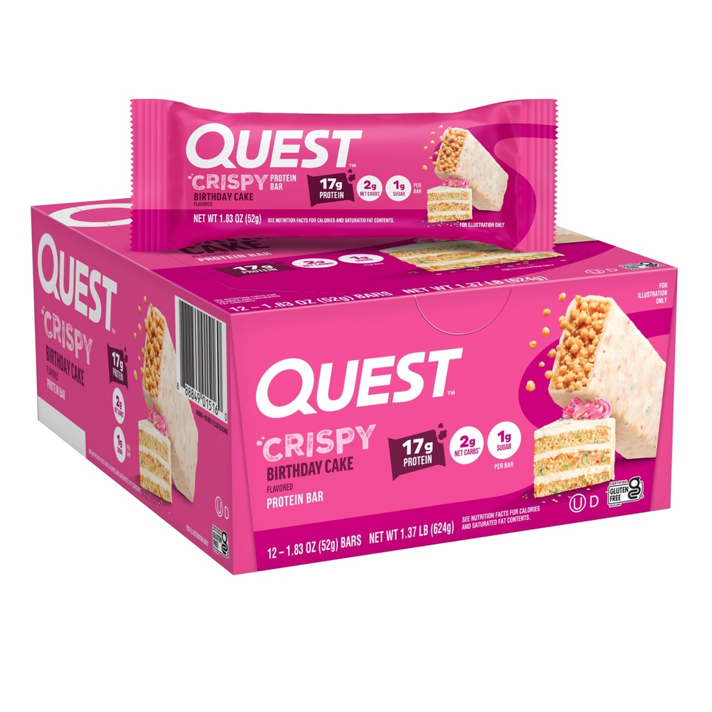 Quest Nutrition Crispy Birthday Cake Protein Bar, 17g Protein, 1g Sugar, 2g Net Carbs, Gluten Free Protein Snack, Keto Friendly, 12 Count